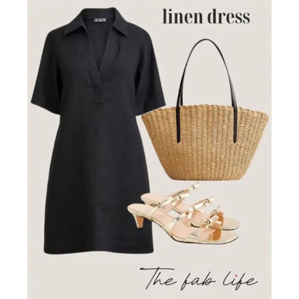 J.Crew Black 100% Linen Short Sleeve Popover Shirtdress, size L